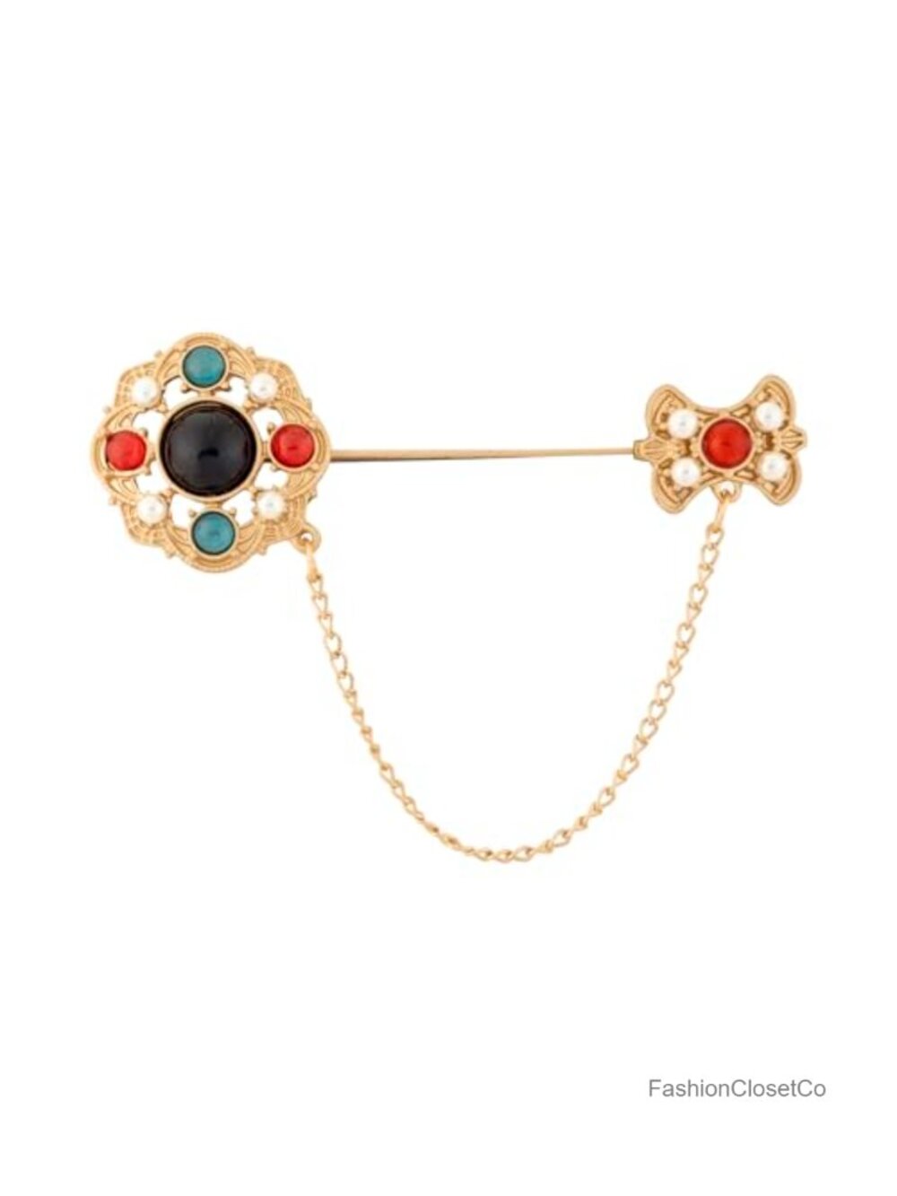 Antique Matte Gold Brooch Bow Pearls Multicolored Stones Hanging Chain Lapel Pin
